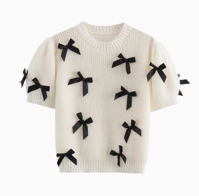 Élise | Bow-Adorned Short-Sleeve Sweater